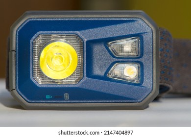 Rechargeable Tourist Headlamp, Close Up. Front View. Light For Camping, Hiking. 