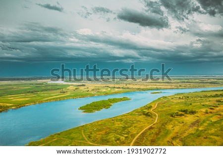 Similar – Image, Stock Photo Rechytsa, Gomel Region, Belarus. Aerial View Of Dnieper River. Sky Above Green Meadow And River Landscape. Top View Of European Nature From High Attitude In Summer. Bird’s Eye View