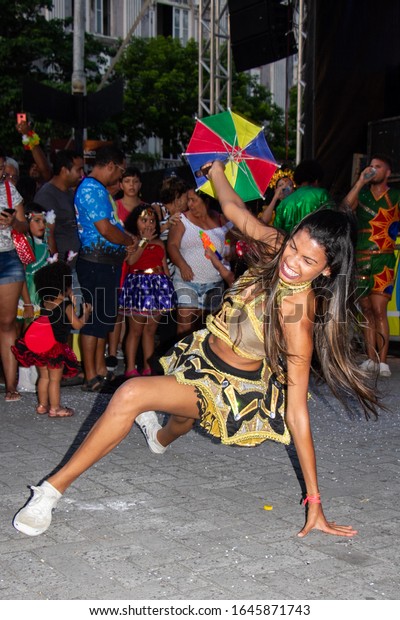 Recife / Pernambuco / Brazil. February, 11,\
2018.Dancers perform frevo dance\
steps.