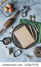 Recipe Book Mockup On Kitchen Table With Kitchen Utensils In Vintage Style