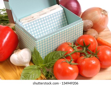 Recipe Box And The Ingredients For Fresh Spaghetti And Sauce