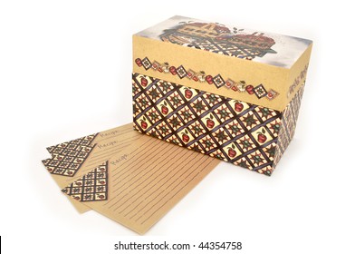 Recipe Box And Three Recipe Cards Isolated On A White Background