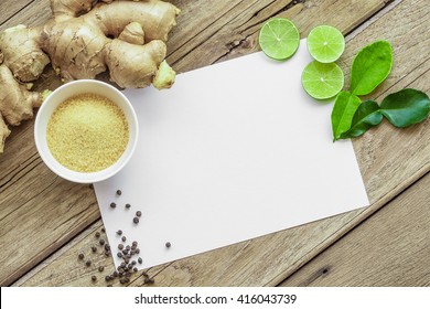 Recipe Card On Old Wood Texture Background With Cutted Lime, Pepper, Shugar And Ginger