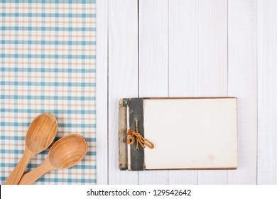 Recipe Notebook, Tablecloth On White Wood Background