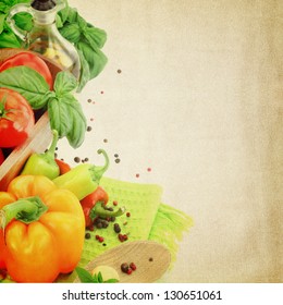 Recipe Template. Fresh Vegetables On Fabric Texture