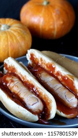 Recipes For Halloween. Hot Dog For Halloween. A Hot Dog Sausage In A Severed Finger In Abundance Ketchup As Blood. Food Ghoul. 