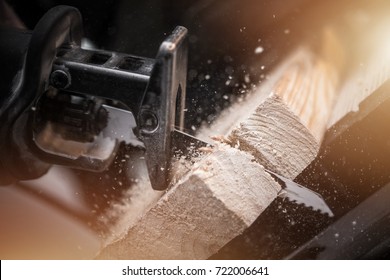 Reciprocating Saw in Action Closeup Photo. Power Tool Wood Cutting Construction Theme. - Shutterstock ID 722006641