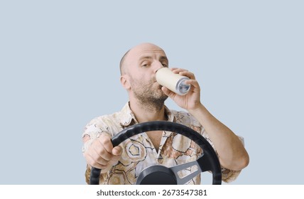 Reckless driver drinking alcohol while driving his car, driving safety concept, copy space