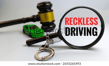 Reckless Driving Concept Seen Through Magnifying Glass with Judge Gavel, Handcuffs, and Car – Traffic Crime and Legal Enforcement Illustration. 