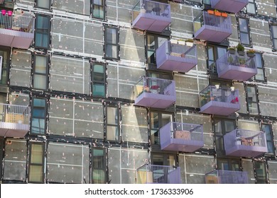 Re-cladding work in progress on a block of flats Ruby Court in Stratford, London