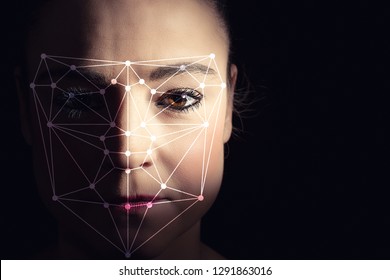 Recognition Of A Female Face By Layering A Mesh And Reading By Scanner. Biometric Verification And Identification
