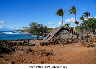 Reconstructed Hawaiian Hale Facing The Pacific Ocean In The Ancient Fishing Village In Ruins Of The Lapakahi State Historical Park On The Island Of Hawai'i (Big Island) In The United States