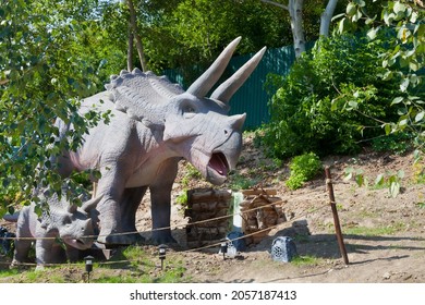 Reconstructed Life-size Animated Models Of A Dinosaur. The New One Largest Park Of Dinosaurs In Ukraine, Uman, August 24, 2021