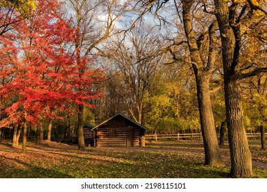 A Reconstruction Of A Log Maple Sugar Cabin In The Woods At The 1000 Island Environmental Center In Kaukauna, Wisconsin