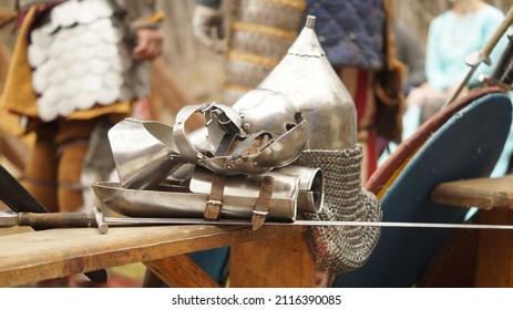 Reconstruction of a medieval jousting tournament. Inventory of knights and protective ammunition. Handmade by craftsmen. They have no historical value.  - Shutterstock ID 2116390085