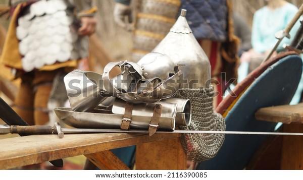 Reconstruction of a medieval jousting\
tournament. Inventory of knights and protective ammunition.\
Handmade by craftsmen. They have no historical value.\
