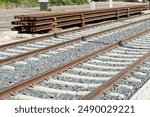 Reconstruction of public transport infrastructure in Europe. Tram tracks lie next to the new tramway road