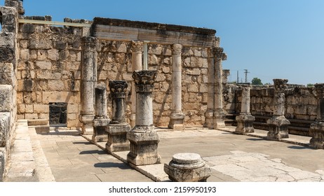 Reconstruction of the ruins of the White Synagogue where Jesus preached at Capernaum, Kfar Nahum, Capharnaum, next to the Sea of Galilee in Israel
				