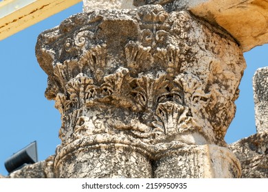 Reconstruction of the ruins of the White Synagogue where Jesus preached at Capernaum, Kfar Nahum, Capharnaum, next to the Sea of Galilee in Israel. Capitals of the synagogue.
				
