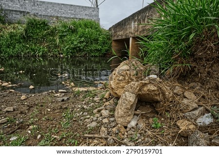 Record of improper disposal of solid waste and water pollution in an urban drainage channel with vegetation