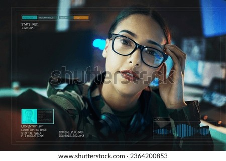 Record, military and portrait of woman on camera for surveillance, tracking operation and army. Security, government worker and soldier with live streaming overlay online for duty, service and report