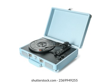 Record player with vinyl disk on white background