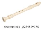 Recorder instrument. Soprano recorder, German fingering. Flute pipe. Classical music instrument for school student education. Flutist concert. Learn melody. High resolution. White Isolated background.