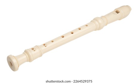 Recorder instrument. Soprano recorder, German fingering. Flute pipe. Classical music instrument for school student education. Flutist concert. Learn melody. High resolution. White Isolated background.