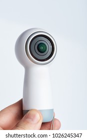 Recording 360 Video Camera In Hand Close Up View Isolated On White Background