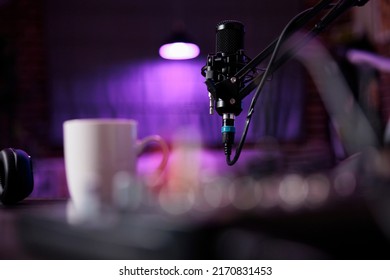 Recording Technology And Podcast Microphone For Livestream, Used To Record Content Discussion For Internet Channel. Stream Sound Production At Station, Creative Onlien Broadcast. Close Up.