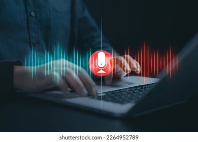 Recording voice sound on laptop. Icon recording sound on laptop virtual screen hologram technology theme, mix sound, sound engineer, recording wave. - Powered by Shutterstock