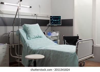 Recovery Room with beds and comfortable medical equipped in a hospital. Clean and empty room with a bed in the new medical center. Iv drip and in modern clinic. Respiratory mask with resuscitator for - Shutterstock ID 2011341824