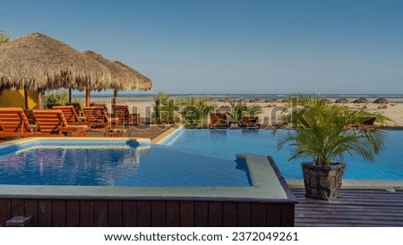 Recreation area on the coast. Next to the blue swimming pool there are sunbeds, straw sun umbrellas, an ornamental plant in a pot. The turquoise ocean with rolling and foaming waves is visible ahead. 