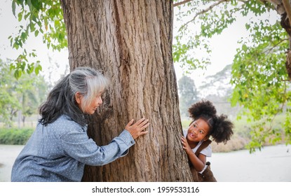 Recreation and development childhood with parental activity concept, Asian grandmother chasing a little girl curly hair in forest park with a game of Hide and Seek on vacation in emotion a happiness