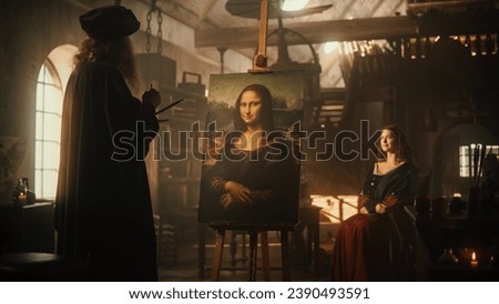 Recreation of Historical Moment: Leonardo Da Vinci Adding Details to his Brilliant Painting of the Mona Lisa with his Muse's Presence. Eternal Beauty Captured on Canvas in Renaissance Art Workshop