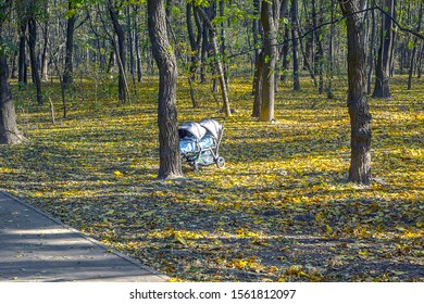 Recreation Park.  Not Far From The Asphalt Path Near The Tree Is A Double Pram.  Young Mothers Nearby, But Not In The Frame