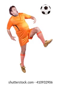 Recreational Fat Football Player Kicking The Ball Isolated On A White Background