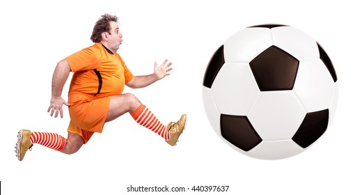 Recreational Fat Football Player Kicking The Ball Isolated On A White Background