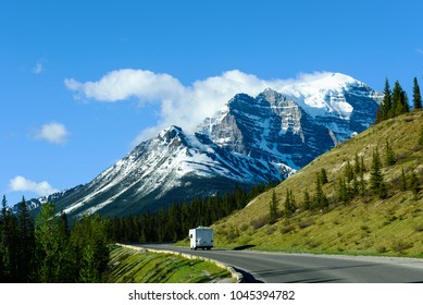 Recreational Vehicle Motorhome On Road Trip To Moraine Lake, Banff National Park, Canada