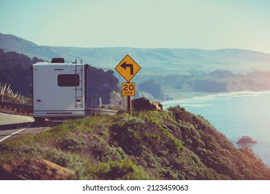 Recreational Vehicle RV Class C Camper Van on the Scenic Coastal Route. Southern California Motor Home Road Trip.