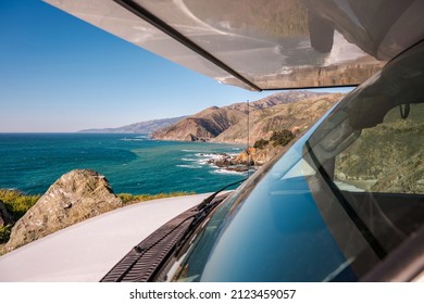 Recreational Vehicle RV Road Trip Along California Coast Scenic Route 1. Motor Home Class C Camper Van With Overhead Bunk Bed. 