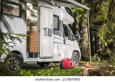 Recreational Vehicles Theme. Class C Camper Van RV and a Gas Generator Staying Next to the Motorhome. Summer Vacation. - Shutterstock ID 2176875855