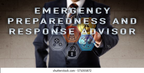 Recruiter In Blue Suit Pushing EMERGENCY PREPAREDNESS AND RESPONSE ADVISOR On An Interactive Remote Control Screen. Oil And Gas Industry Job Concept For Incident Command And Hazard Management.