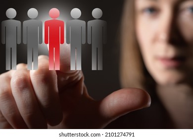 Recruiting In Business. People Icons In Front Of Woman. Girl Chooses Employee For Position. Selection Of Candidates For Position In Company. Corporate Concept. Recruiting Agency Employee Blurred