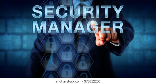 Recruitment agent touching SECURITY MANAGER onscreen. Male and female worker icons, magnifier, open and closed virtual locks reference tasks of staff scheduling and implementation of security tools.