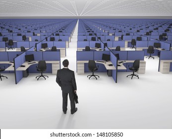 Recruitment.  Businessman In Front Of Endless Office Cubicles.