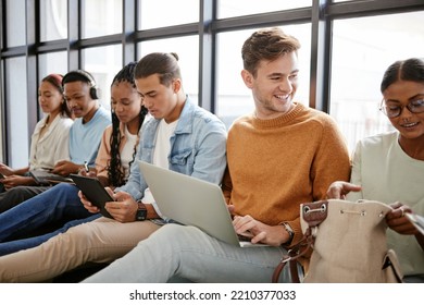 Recruitment, Hiring And Students In Waiting Room For Internship At Startup Company, Talking And Bonding On A Floor. Interview, Candidate And Unemployed Youth Prepare For Meeting With HR At Agency