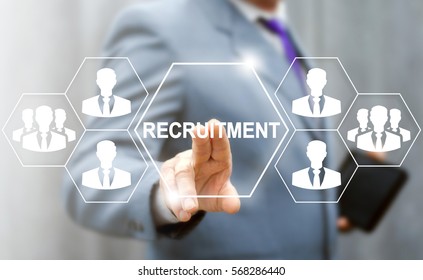 Recruitment Human Resources Interview Job Business Concept. Businessman Pressing Button On The Touch Virtual Screen And Selecting Recruitment. Work Recruiting WE ARE HIRING