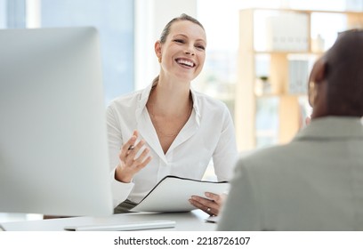 Recruitment, Interview And Hr Professional Talking To A New Employee For Onboarding With Cv Or Hiring Paperwork. Happy, Corporate And Manager With A Management Report Or Document In Her Modern Office