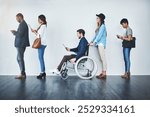 Recruitment, people or waiting in office for interview with inclusion, tech or company hiring. Group diversity, candidates or man with disability in line for equality in employment at human resources